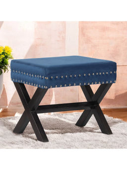 Ikiriya - Rosslyn Solid Wood Pouf Stool in Navy Blue Velvet (1 Year Warranty)