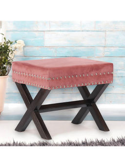 Ikiriya - Rosslyn Solid Wood Pouf Stool in Coral Pink Velvet (1 Year Warranty)