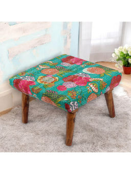 Ikiriya - Queens Solid Wood Pouf Stool in Sea Green Fruit Print fabric (1 Year Warranty)