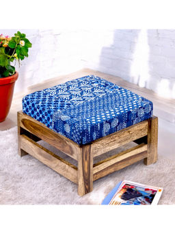 Ikiriya - Amber Sheesham Wood Foot Stool in Teak Finish & Indigo Patch Print fabric Cushion (1 Year Warranty)
