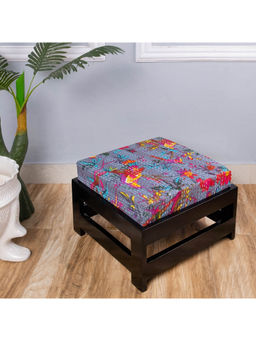 Ikiriya - Amber Sheesham Wood Foot Stool in Dark Brown Finish & Grey Bird Print Kantha fabric Cushion (1 Year Warranty)