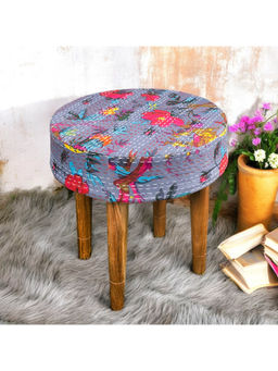 Ikiriya - Nayla Solid Wood Stool in Grey Bird Print Kantha fabric (1 Year Warranty)