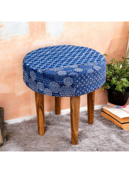 Ikiriya - Nayla Solid Wood Stool in Indigo Patch Print fabric (1 Year Warranty)