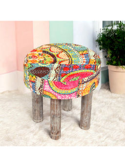 Ikiriya - Kingsville Solid Wood Stool in Multi Colour Israel Print Kantha fabric (1 Year Warranty)