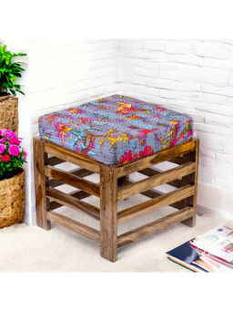 Ikiriya - Houston Sheesham Wood Stool in Teak Finish & Grey Bird Print Kantha fabric Cushion (1 Year Warranty)