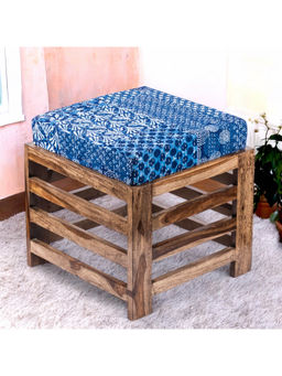 Ikiriya - Houston Sheesham Wood Stool in Teak Finish & Indigo Patch Print fabric Cushion (1 Year Warranty)