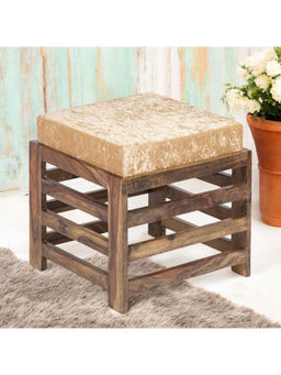 Ikiriya - Houston Sheesham Wood Stool in Teak Finish & Ivory Sparkle Velvet Cushion (1 Year Warranty)