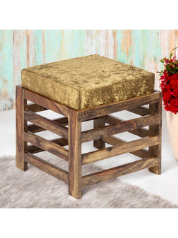 Ikiriya - Houston Sheesham Wood Stool in Teak Finish & Green Sparkle Velvet Cushion (1 Year Warranty)