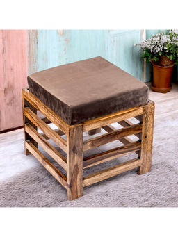 Ikiriya - Houston Sheesham Wood Stool in Teak Finish & Iron Grey Velvet Cushion (1 Year Warranty)