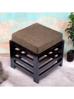 Ikiriya - Houston Sheesham Wood Stool in Dark Brown Finish & Jute Brown fabric Cushion (1 Year Warranty)
