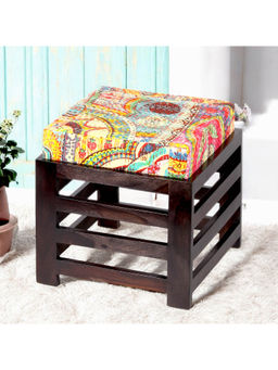 Ikiriya - Houston Stool Mahogany Finish & Multi Colour Israel Print Kantha fabric Cushion (1 Year Warranty)