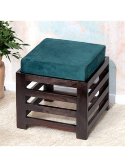 Ikiriya - Houston Sheesham Wood Stool in Mahogany Finish & Turquoise Sea Velvet Cushion (1 Year Warranty)