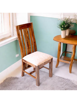 Ikiriya - Columbus Sheesham Wood Dining Chair in Teak Finish & Ivory Sparkle Velvet fabric Upholstery (1 Year Warranty)