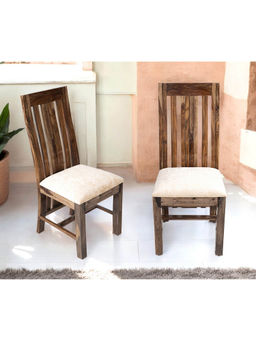 Ikiriya - Columbus Sheesham Wood Set of 2 Dining Chairs Teak Finish & Ivory Sparkle Velvet Cushioning (1 Year Warranty)