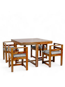 Ikiriya - Kingston 4 Seater Dining Table Set in Teak Finish & Iron Grey Velvet fabric Upholstery (1 Year Warranty)