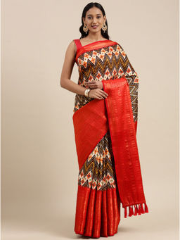 Yavira Silk - Multi-Color Printed Saree with Tassels with Unstitched Blouse