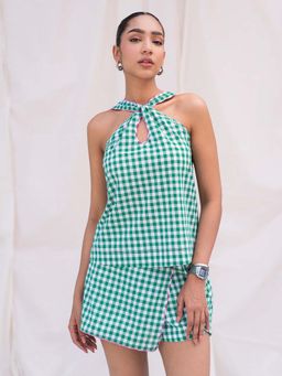Urban Suburban - Green Gingham Halter Neck With Piping Detail Top