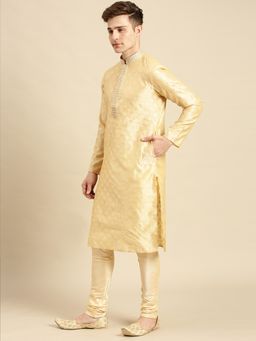 Sanwara - Mens Beige Printed Art Silk Ethnic Kurta