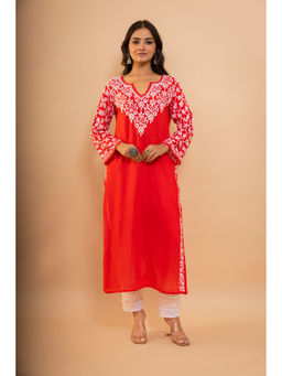 HOUSE OF KARI - Fizaa Chikankari Radiant Red Modal Cotton Kurta