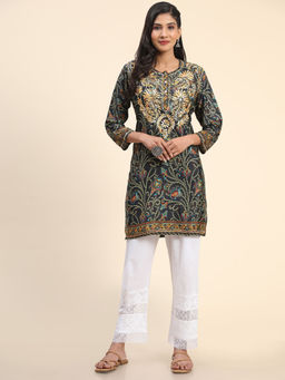 HOUSE OF KARI - Noor Black Polysilk Floral Printed And Hand Embroidered Kurta