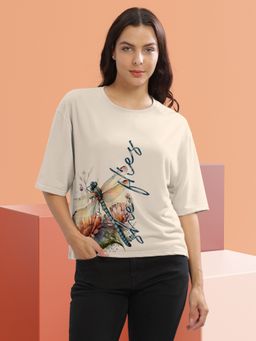 HELLCAT - Women Beige Graphic Printed Loose Fit Crew Neck Crop T-Shirt