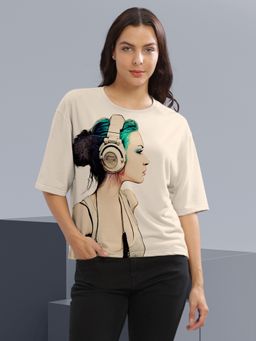 HELLCAT - Women Beige Graphic Printed Loose Fit Crew Neck Crop T-Shirt