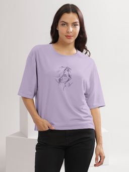 HELLCAT - Women Lavender Graphic Printed Loose Fit Crew Neck Crop T-Shirt