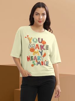 HELLCAT - Women Yellow Graphic Printed Loose Fit Crew Neck Crop T-Shirt