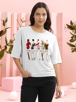 HELLCAT - Women White Graphic Printed Loose Fit Crew Neck Crop T-Shirt