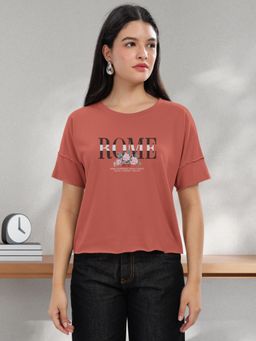 HELLCAT - Women Red Graphic Printed Regular Fit Raw Edge Round Neck Crop T-Shirt