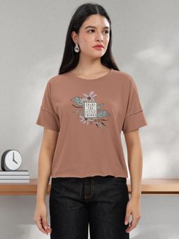 HELLCAT - Women Brown Graphic Printed Regular Fit Raw Edge Round Neck Crop T-Shirt
