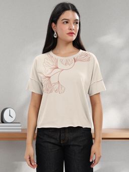 HELLCAT - Women Cream Floral Printed Regular Fit Raw Edge Round Neck Crop T-Shirt