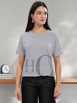 HELLCAT - Women Light Grey Printed Regular Fit Raw Edge Round Neck Crop T-Shirt
