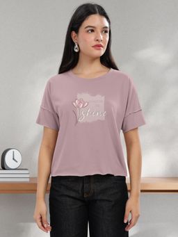 HELLCAT - Women Mauve Printed Regular Fit Raw Edge Round Neck Crop T-Shirt