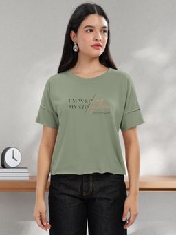 HELLCAT - Women Light Olive Printed Regular Fit Raw Edge Round Neck Crop T-Shirt