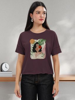 HELLCAT - Women Burgundy Graphic Printed Regular Fit Raw Edge Round Neck Crop T-Shirt