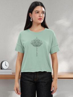 HELLCAT - Women Sea Green Printed Regular Fit Raw Edge Round Neck Crop T-Shirt