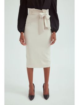 Sateen - Classy Beige Midi Skirt with Belt
