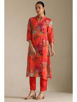 Soch - Women Orange Floral Kurta with Pant (Set of 2)