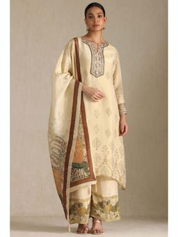 Soch - Women Beige Embroidered Kurta with Palazzo and Dupatta (Set of 3)