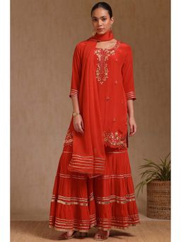 Soch - Women Red Embroidered Kurta with Sharara and Dupatta (Set of 3)
