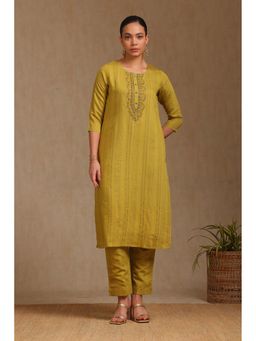 Soch - Women Olive Embroidered Kurta with Pant (Set of 2)