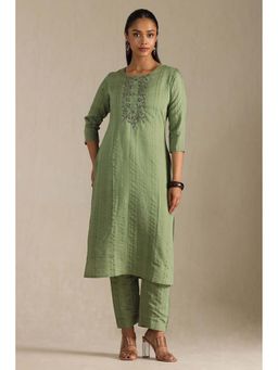 Soch - Women Olive Embroidered Kurta with Pant (Set of 2)