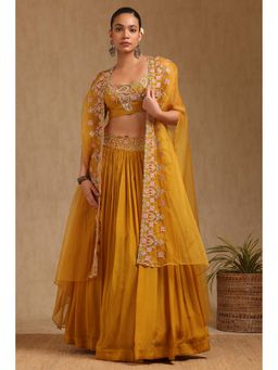 Soch - Women Mustard Embroidered Crop Top with Skirt and Cape (Set of 3)