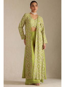 Soch - Women Green Embroidered Crop Top with Jacket and Palazzo (Set of 3)