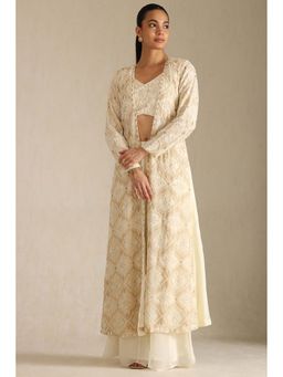 Soch - Women Off White Embroidered Crop Top with Jacket and Palazzo (Set of 3)