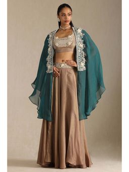 Soch - Women Brown Embroidered Top with Cape and Skirt (Set of 3)