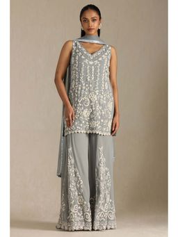 Soch - Women Grey Embroidered Kurta with Sharara and Dupatta (Set of 3)