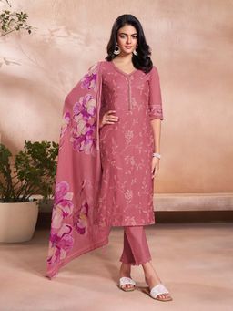 Seerat - Women Peach Embroidered Kurta with Pant and Dupatta (Set of 3)
