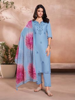 Seerat - Women Blue Embroidered Kurta with Pant and Dupatta (Set of 3)